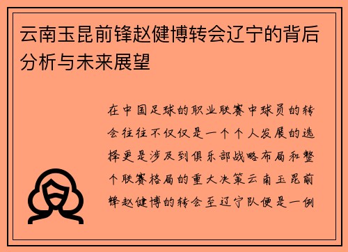 云南玉昆前锋赵健博转会辽宁的背后分析与未来展望